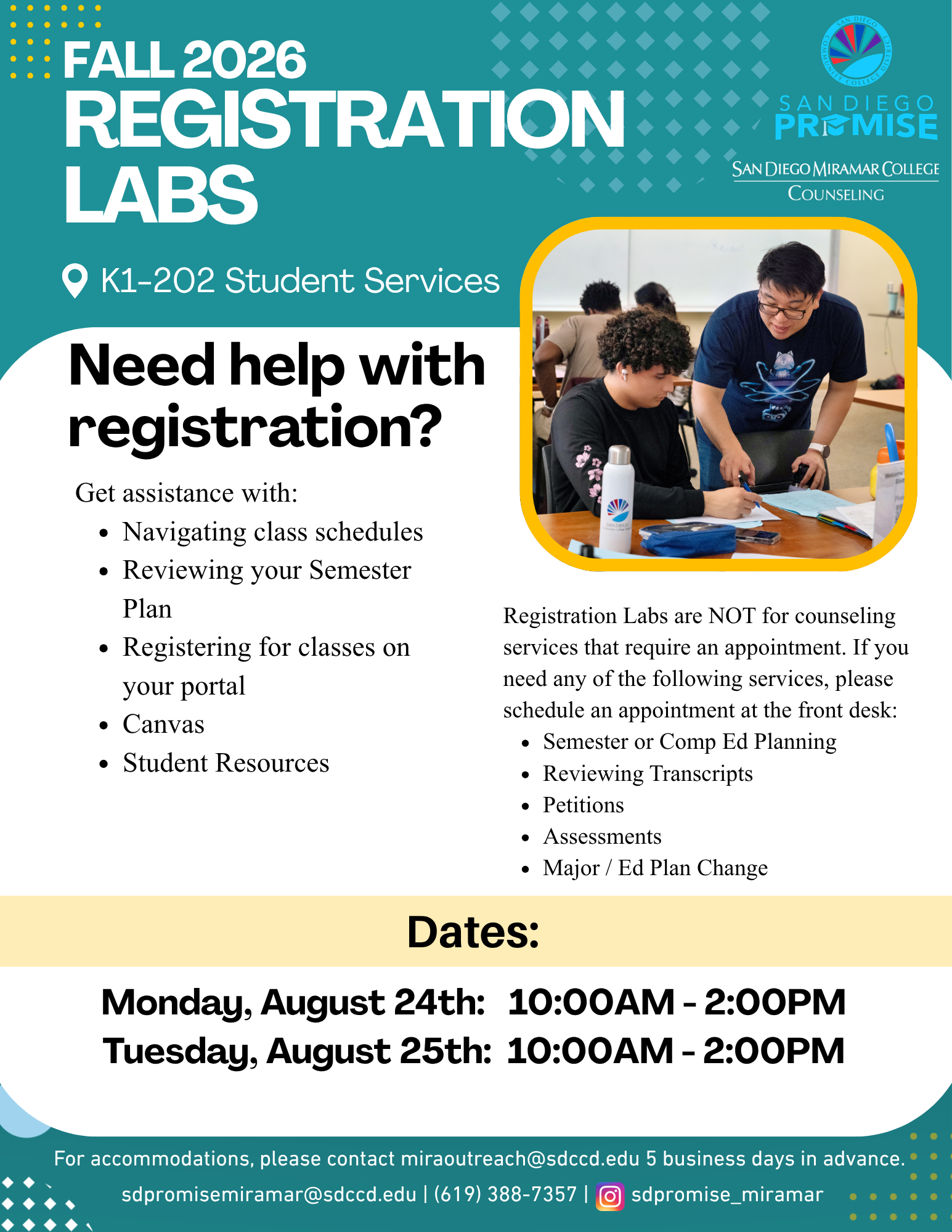 Fall 2026 Registration Lab Flyer, dates are Monday, August 24 and Tuesday, August 25 from 10:00am to 2:00pm in K1-202