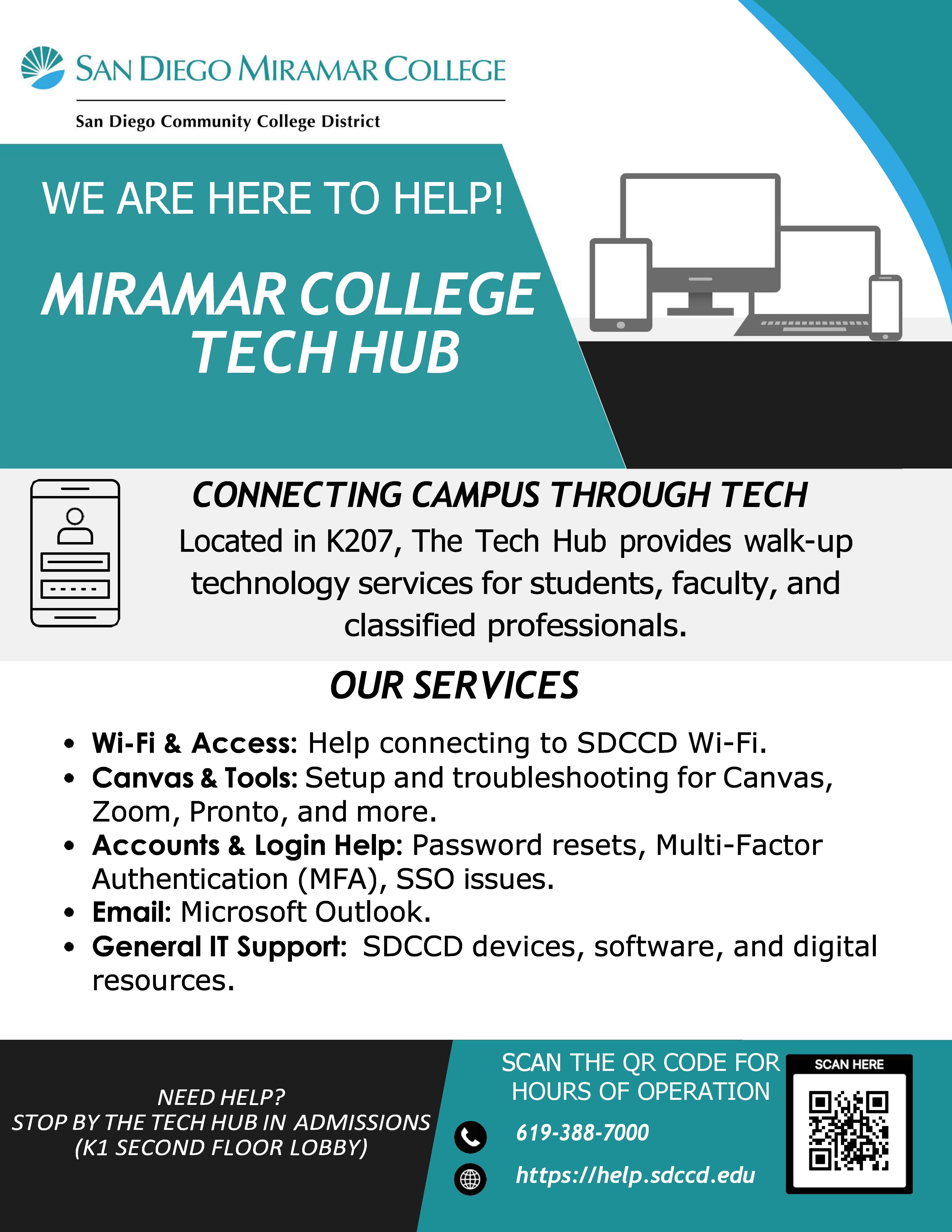 Miramar College Tech Hub flyer. Images of a computer monitor, laptop and cell phone. The Tech Hub is located in the Admissions Office K1, second floor. Services include WiFi access, canvas and tools, accounts and login help, email help, and general IT support. Image of QR code at the bottom right for hours of operation. Phone number for Tech Help is 619-388-7000.