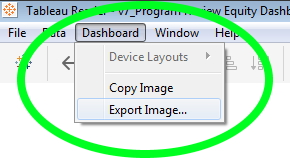 screenshot of the Tableau Reader menu with "Dashboard" clicked and "Export Image" hovered over
