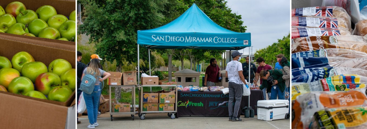 Photo collage depicting boxes of apples, loaves of bread, and Miramar College's free farmers market. Students and employees gather around tables of food under a tent.