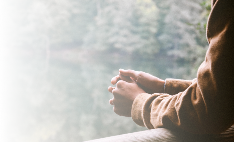 A photo a non-descript person leaning over a railing looking out over a forest. The photo is cropped so the viewer can only see the subjects arms resting on the railing.